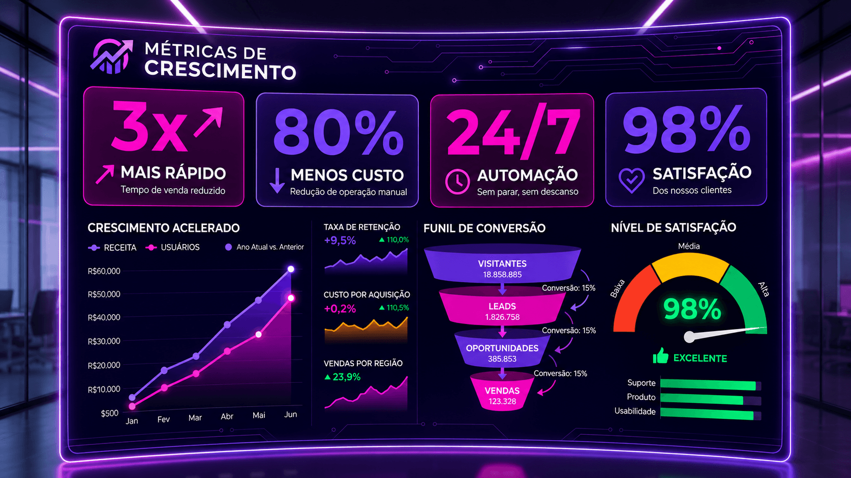 Dashboard com métricas de crescimento e resultados comprovados