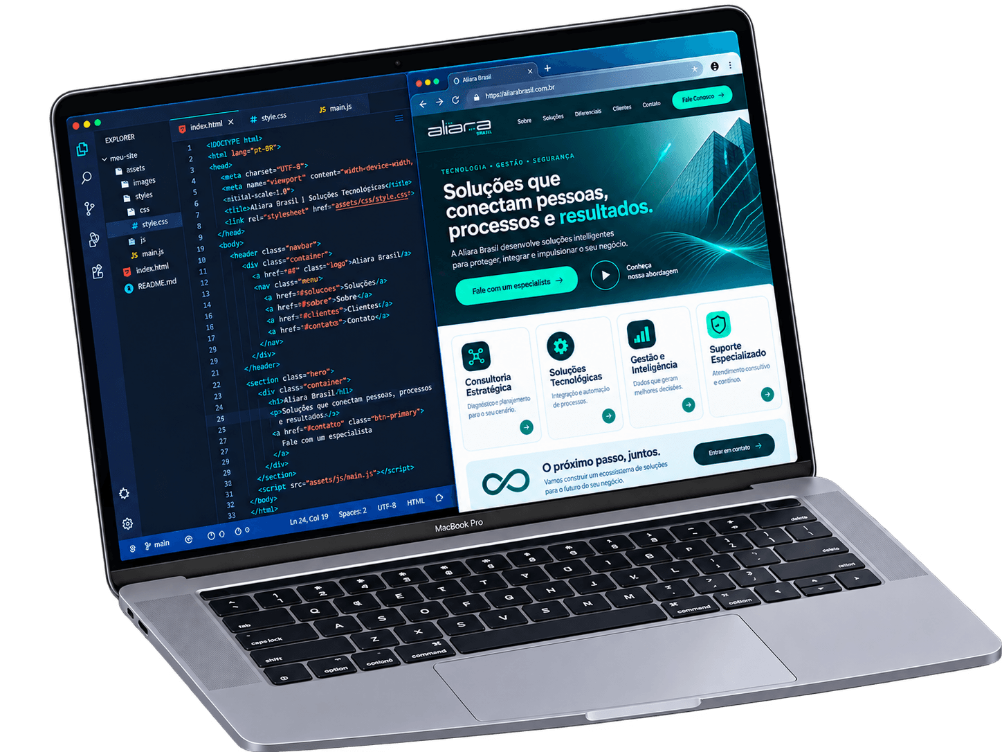 Notebook exibindo uma representação de código à esquerda e uma demonstração do site desenvolvido para a Aliara Brasil à direita